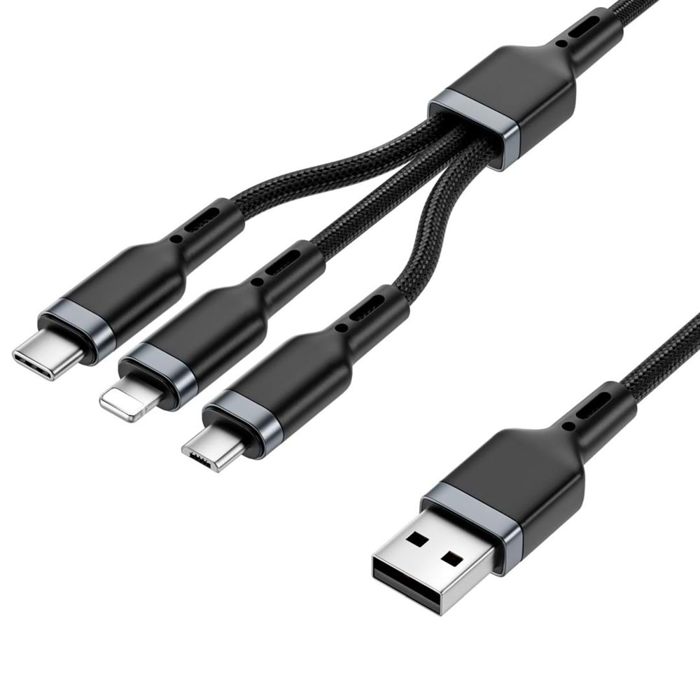 Wiwu Wi-C014 Platinum Serisi 3in1 USB-A to Lightning – Type-C – Micro Şarj ve Data Kablosu 3.1A 1.2m BLACK