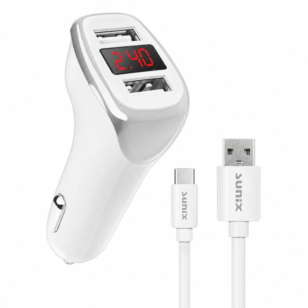 SUNIX USB CAR CHARGER 2.4A DUAL USB PORT WITH TYPE-A TO TYPE-C CABLE