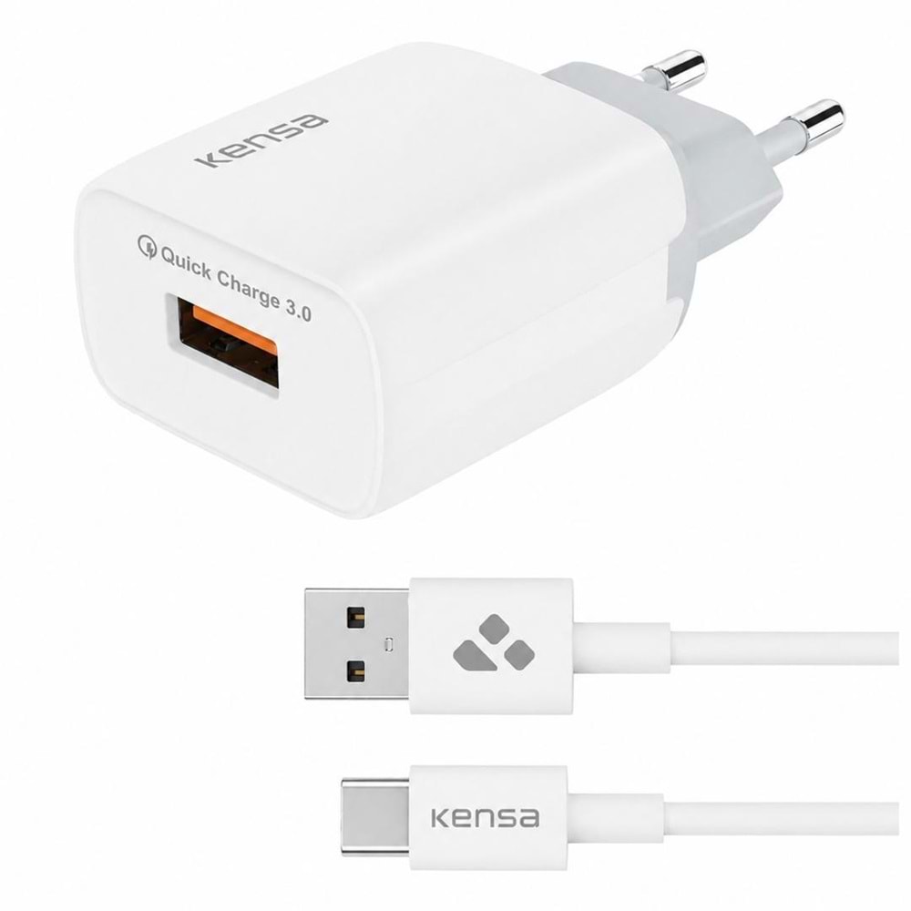 KENSA HIGH SPEED WALL CHARGER 3A 20W WITH TYPE-A TO TYPE-C CABLE 1.2M