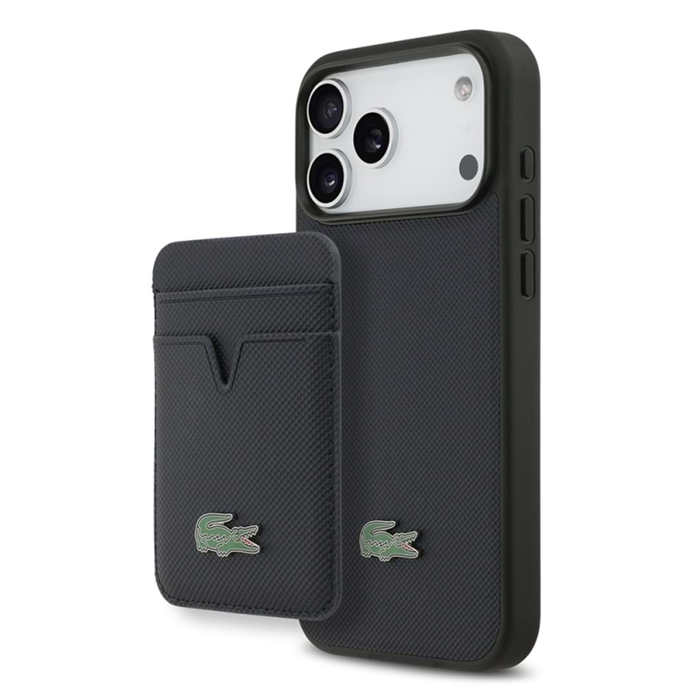 Apple iPhone 17 Pro Max Kılıf Lacoste Orjinal Lisanslı M-safe Şarj Özellikli PU Pike Desenli Metal Logolu Kartlıklı Kapak