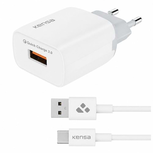 KENSA HIGH SPEED WALL CHARGER 3A 20W WITH TYPE-A TO TYPE-C CABLE 1.2M