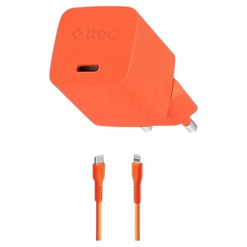 TTEC SmartCharger GAN 20W PD Seyahat Hızlı Şarj Aleti + USB-C - Lightning 120cm Kablo Neon Neon Turu
