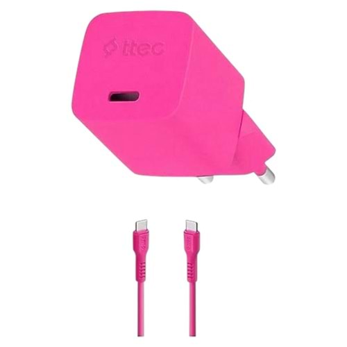 TTEC Smartcharger Gan 20W Pd Seyahat Hızlı Şarj Aleti + Usb-C - Usb-C 3A Kablo Neon Pembe 2SCG20CN