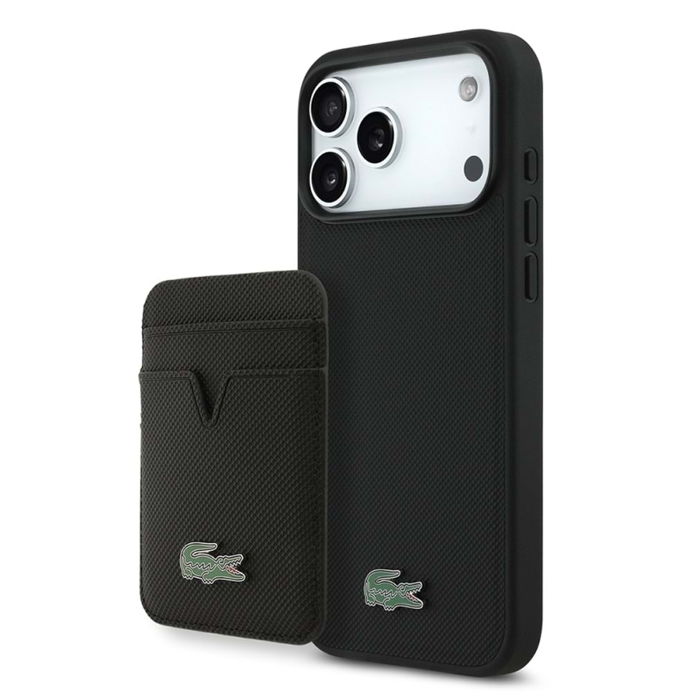 Apple iPhone 17 Pro Max Kılıf Lacoste Orjinal Lisanslı M-safe Şarj Özellikli PU Pike Desenli Metal Logolu Kartlıklı Kapak