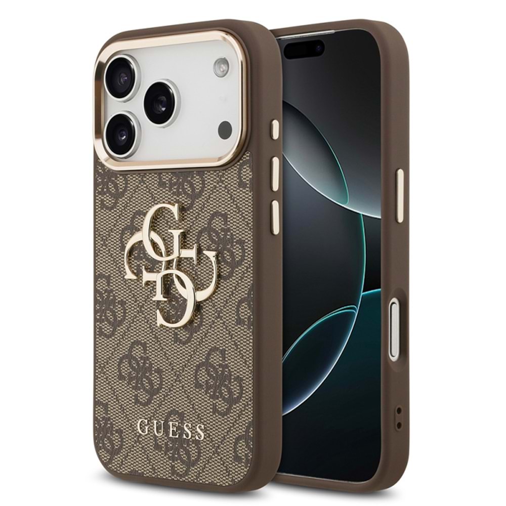 Apple iPhone 17 Pro Max Kılıf Guess Orjinal Lisanslı Gold Metal Kamera Çerçeveli 4G Desenli Metal Büyük 4G ve Yazı Logolu Kapak