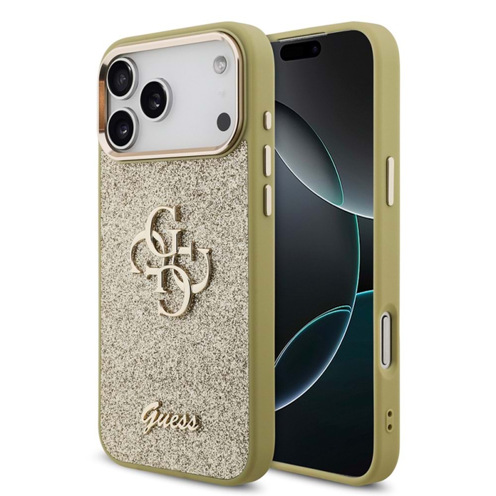 Apple iPhone 17 Pro Max Kılıf Guess Orjinal Lisanslı 4G Büyük Metal Kamera Çerçeveli ve Logolu Glitter Kapak